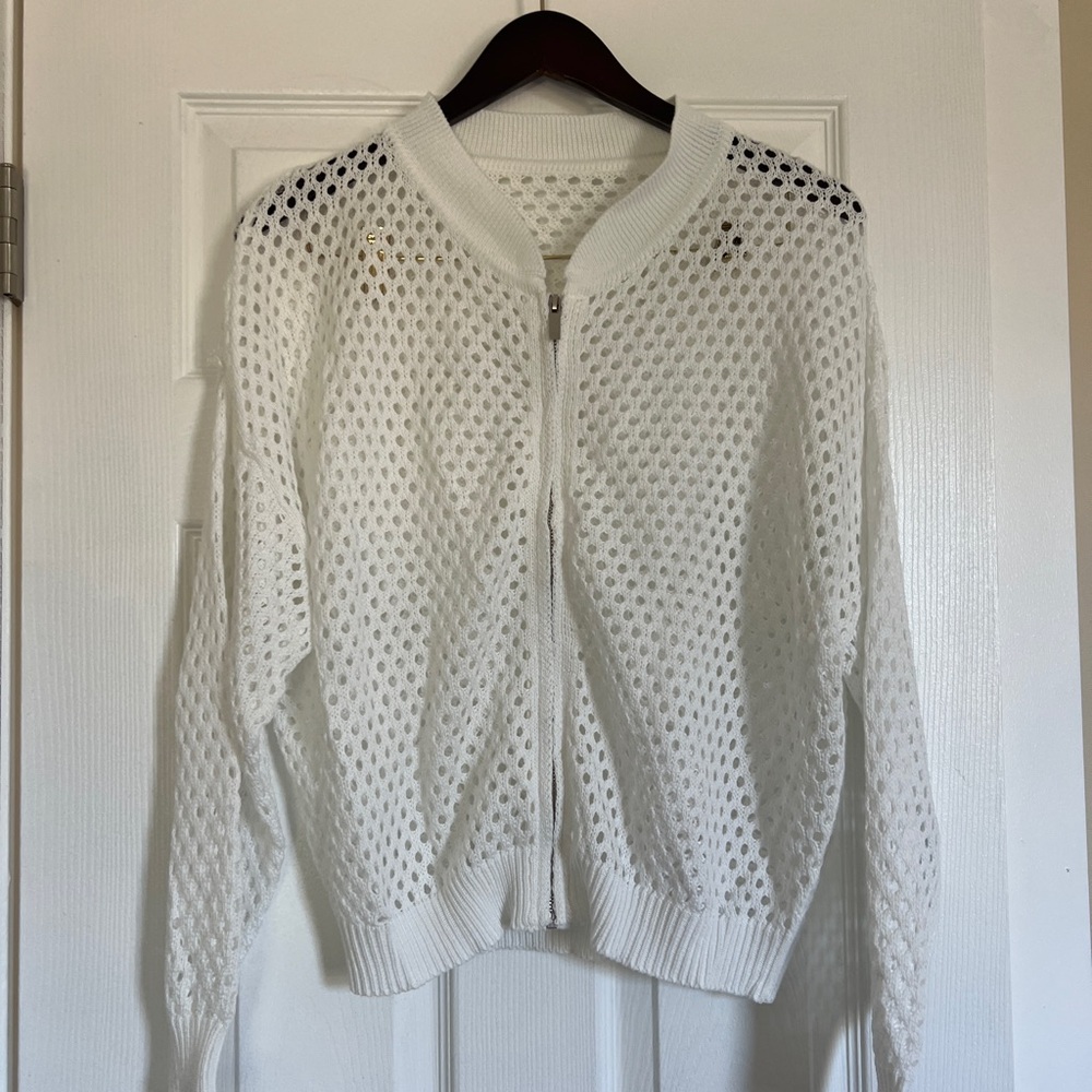 White Open Knit Zip Front Cardigan